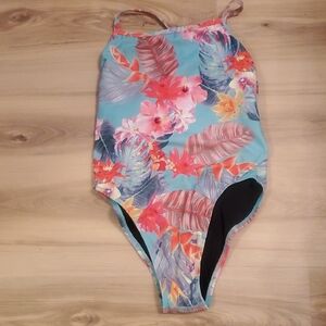 Jolyn Practice Suit, "Scotty" Size 28 Teal With Colorful Hibiscus Print